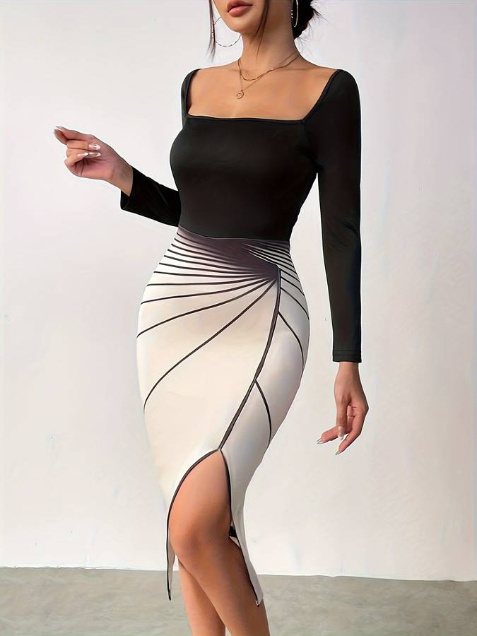 Women's Dress - Square Neck - Long Sleeve - Fitted Bodice - Side Slit Elegant Style