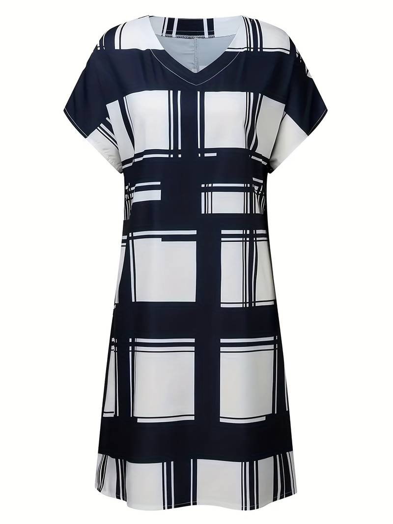 Women's Midi Dress - Loose Fit - V-Neck Short Sleeve - Geometric Pattern - Ruffle Hem