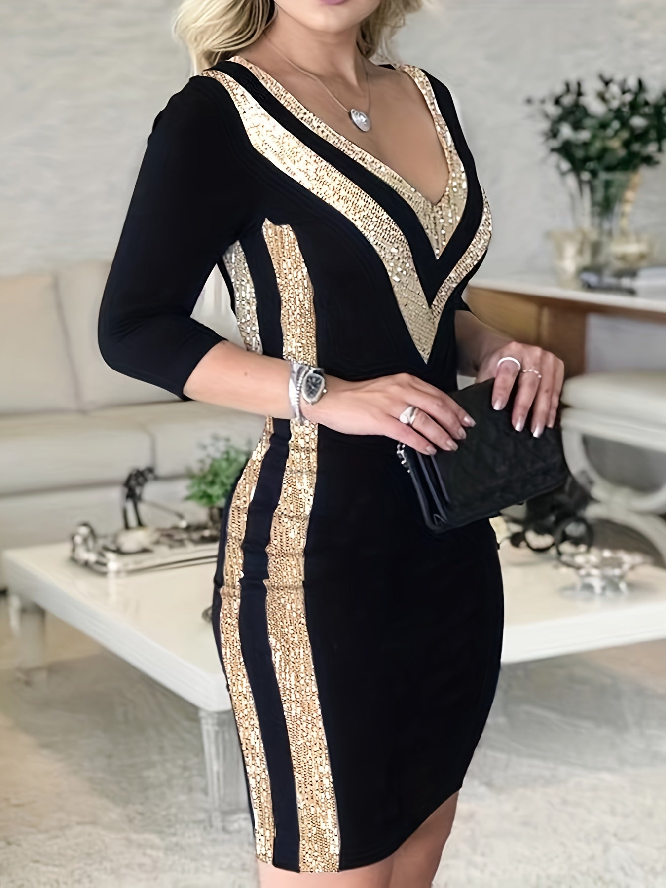 Women's Bodycon Dress - V-Neck - Three-Quarter Sleeve - Metallic Embellished Elegant Fit