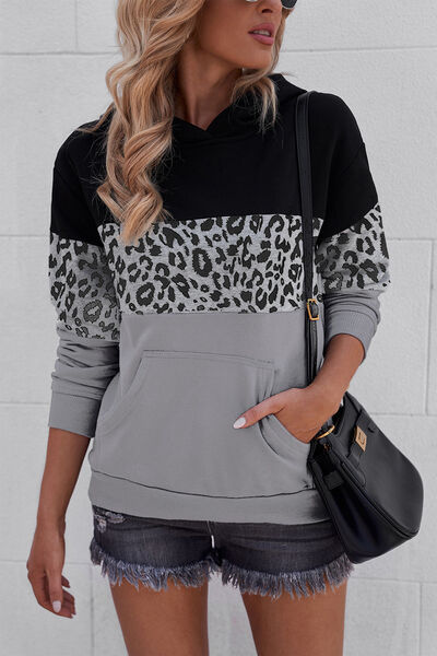 Women’s Hoodie - Leopard Print Block Design - Relaxed Fit - Kangaroo Pocket