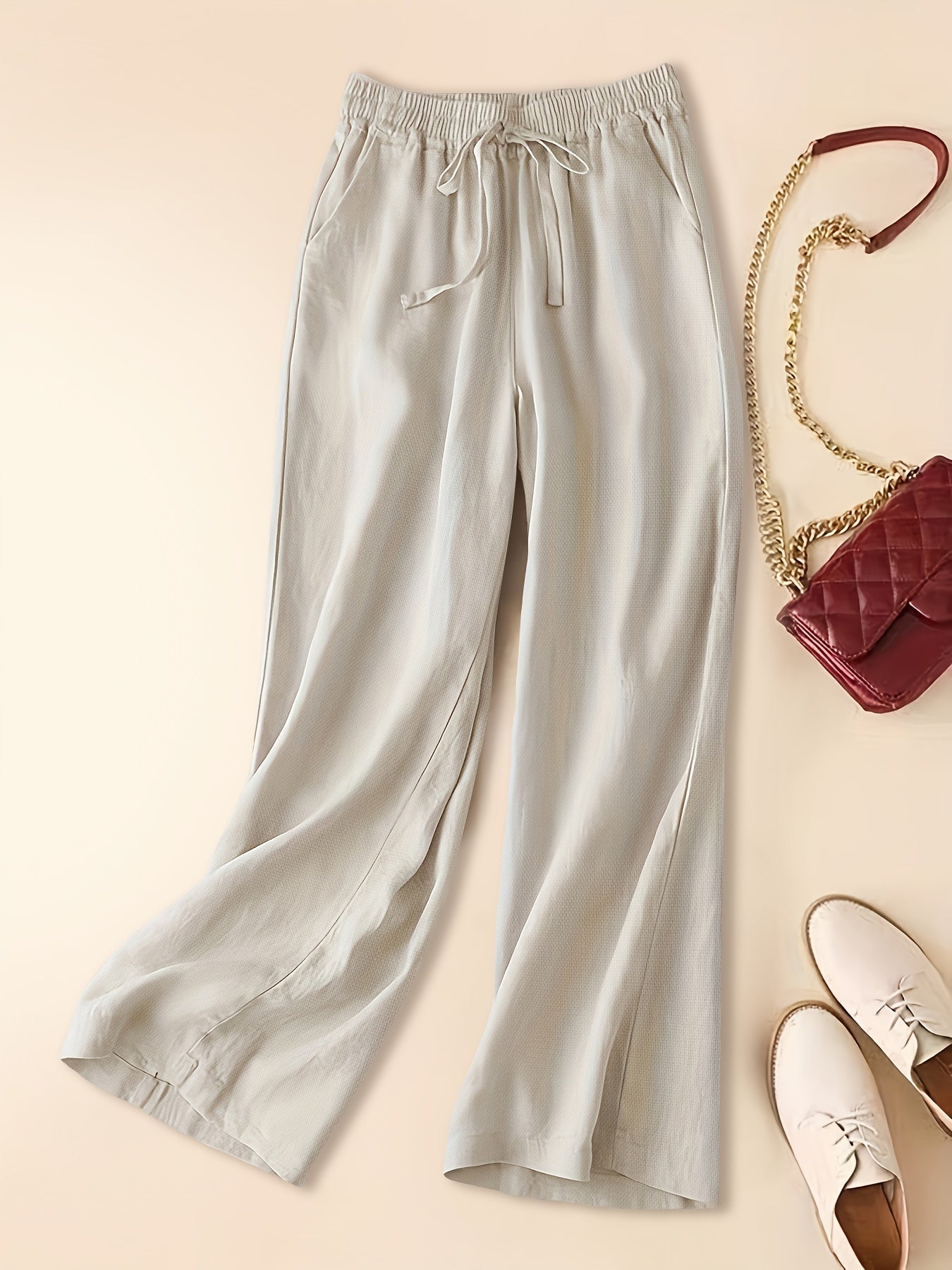 Women's Linen Wide-Leg Pants - Elastic Waist - Lightweight Breathable Fabric - Full Length