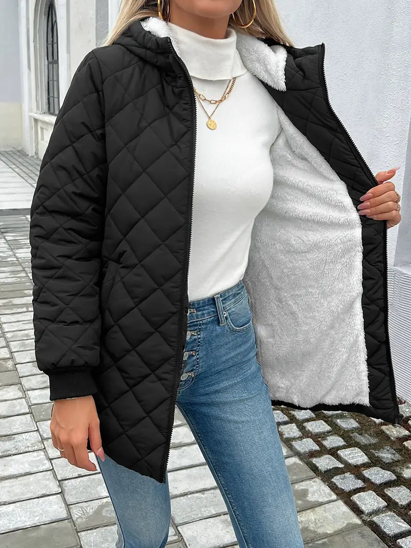 Women’s Quilted Jacket - Hooded - Fleece Lined - Zip Closure - Long Sleeve Casual Fit