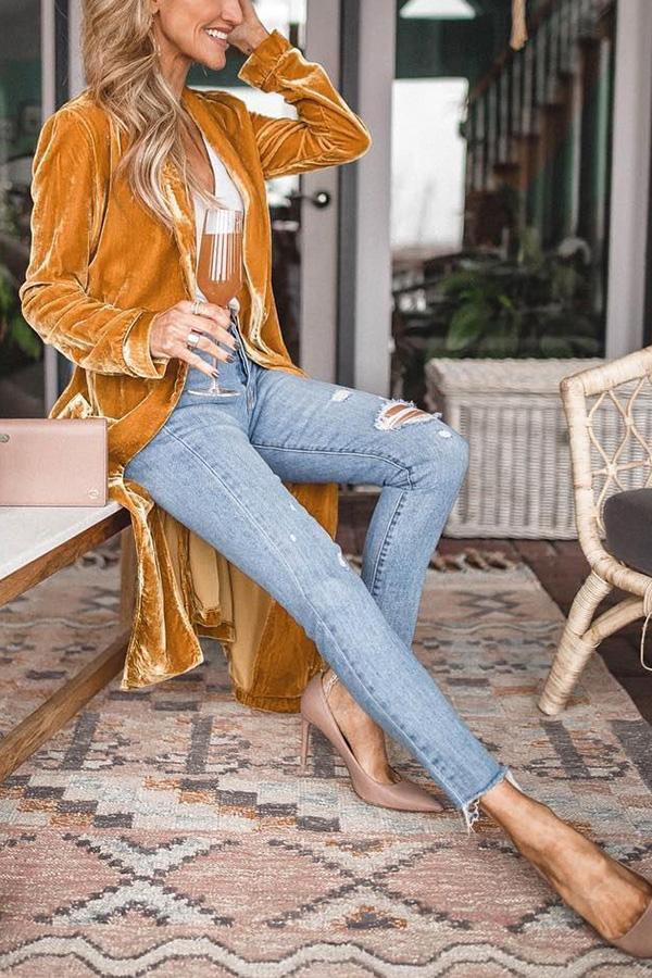 Women’s Long Velvet Duster – Open Front – Elegant Lightweight Layer – Full Sleeve