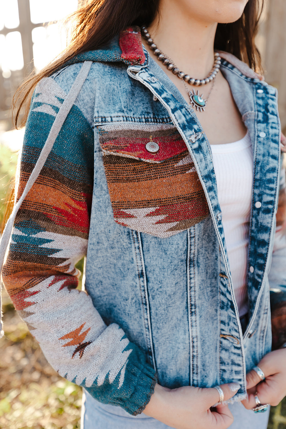 Elegant denim patchwork jacket with button-down design for women
