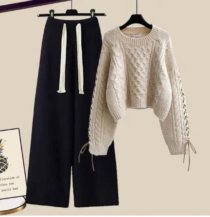 Women's knitted sweater and wide leg pants set