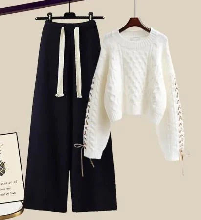 Women's knitted sweater and wide leg pants set
