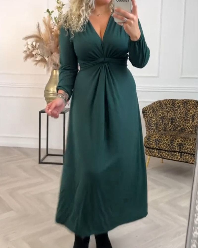 Women's Midi Dress - V-Neck Long Sleeve - Ruched Waist Elegant Flowy Fit