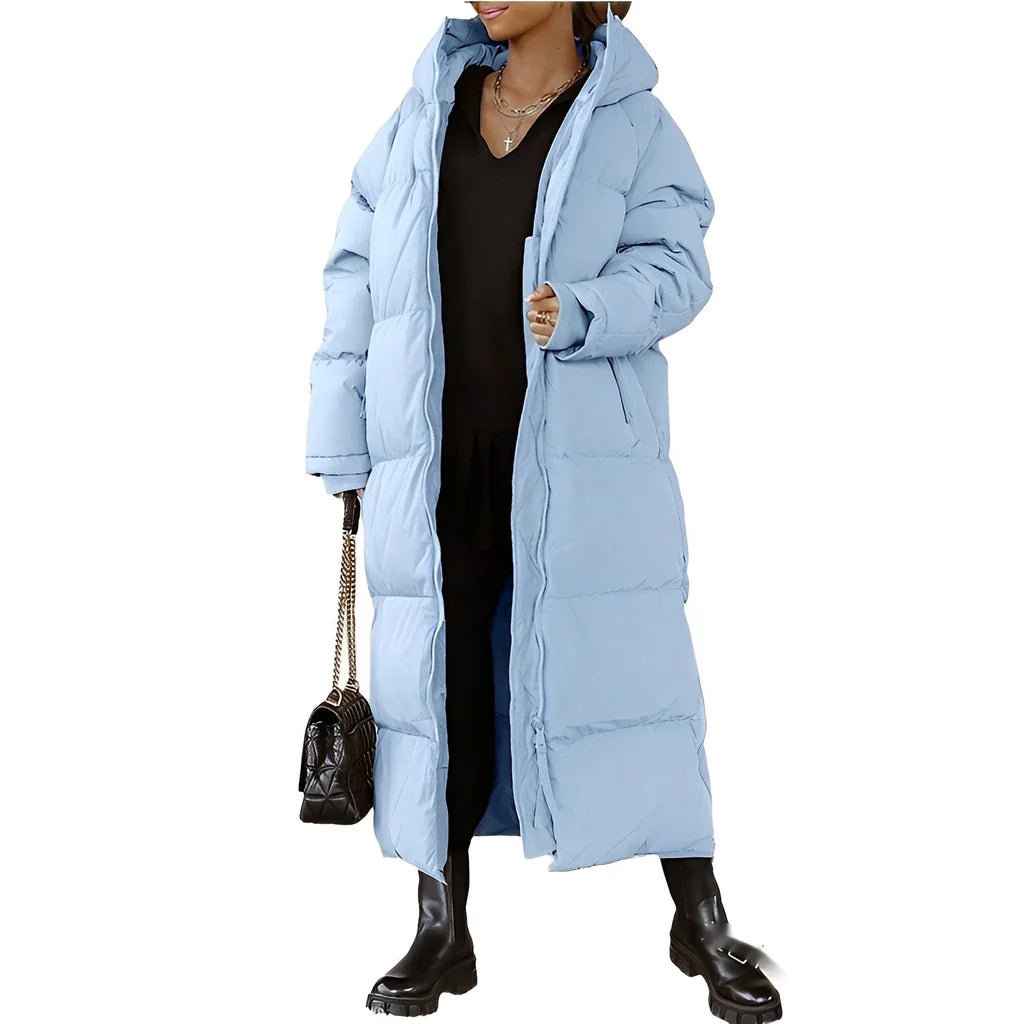 Women’s Long Coat – Oversized Fit – Quilted Padded Hooded Full-Length Outerwear