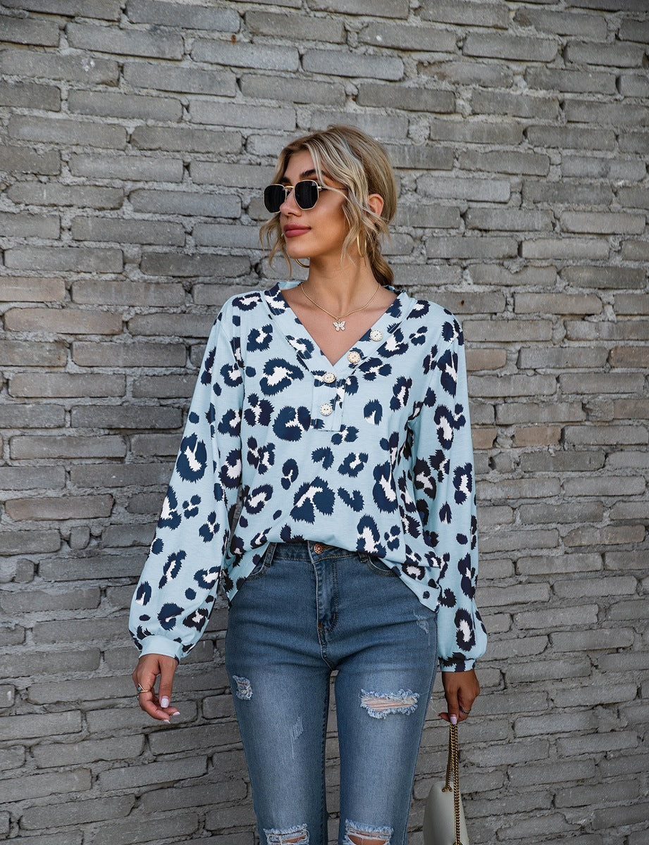 Women's Blouse - V-Neck Button Down - Long Sleeve Relaxed Fit - Animal Print