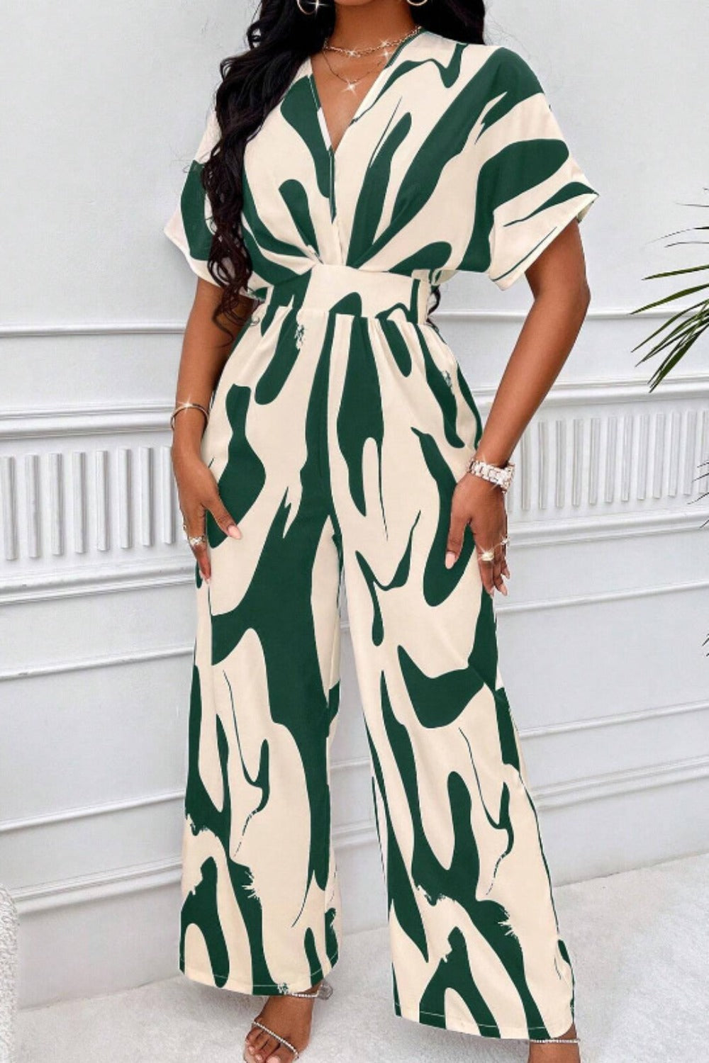 Women's Jumpsuit - V-Neck - Short Sleeve - Wide Leg - Cinched Waist - Lightweight