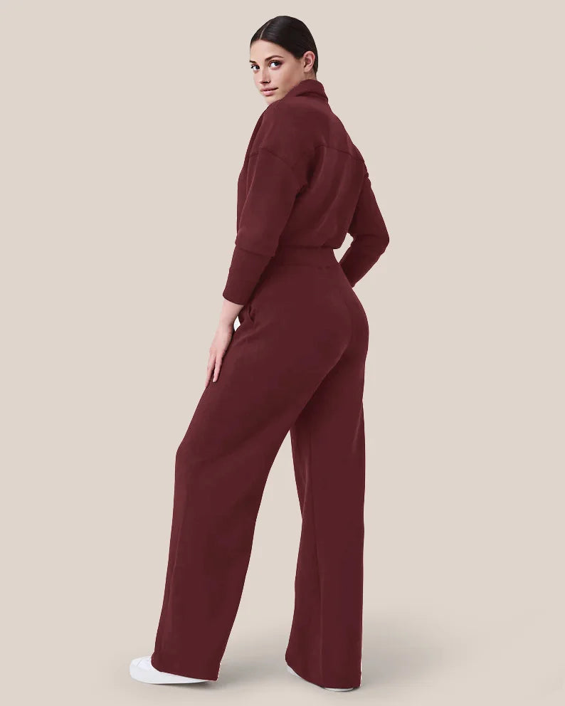 Women's long sleeve wide leg zip-up sweater jumpsuit