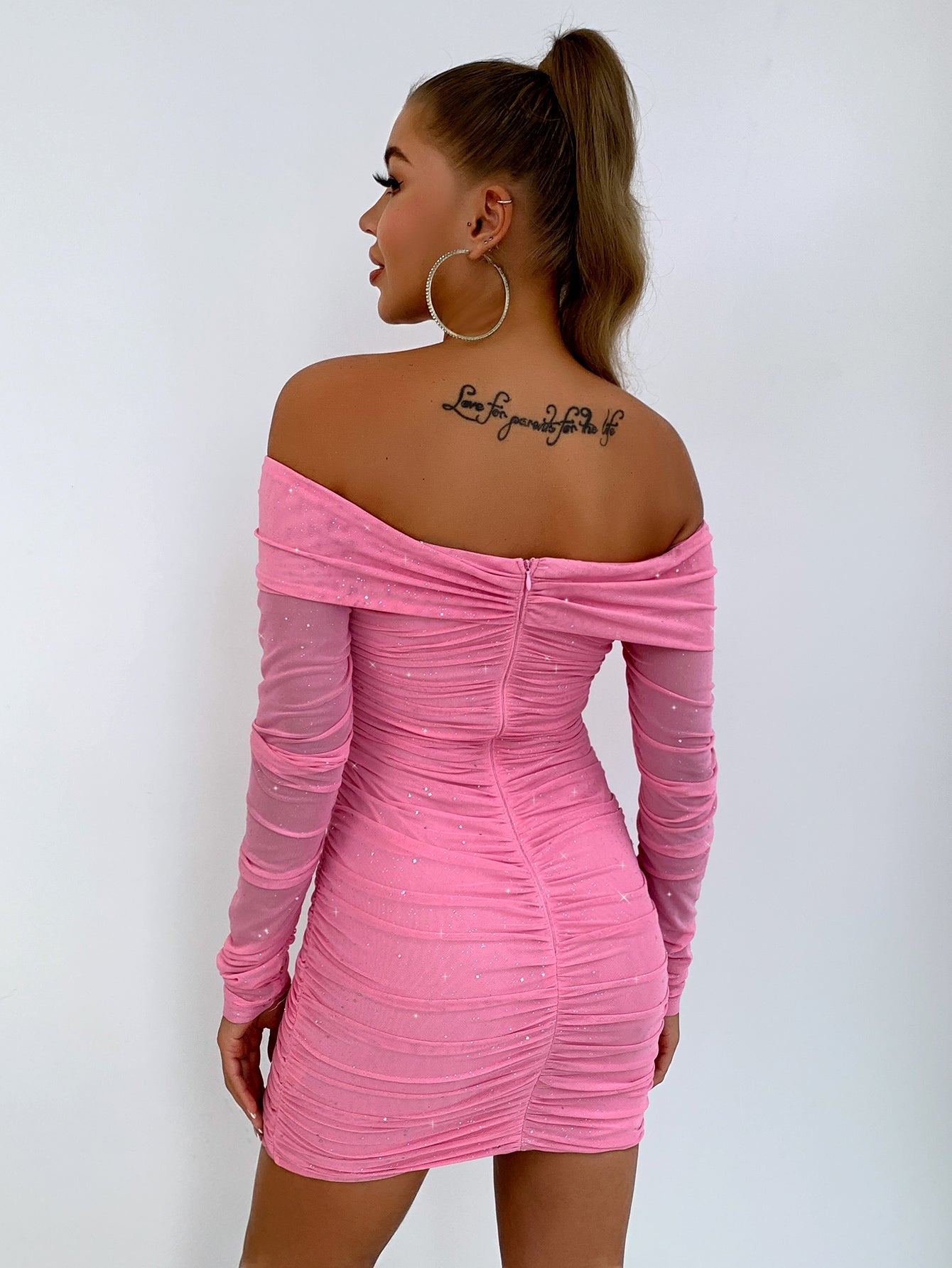 Women's Bodycon Mini Dress - Off Shoulder - Ruched - Long Sleeve - Glitter Finish