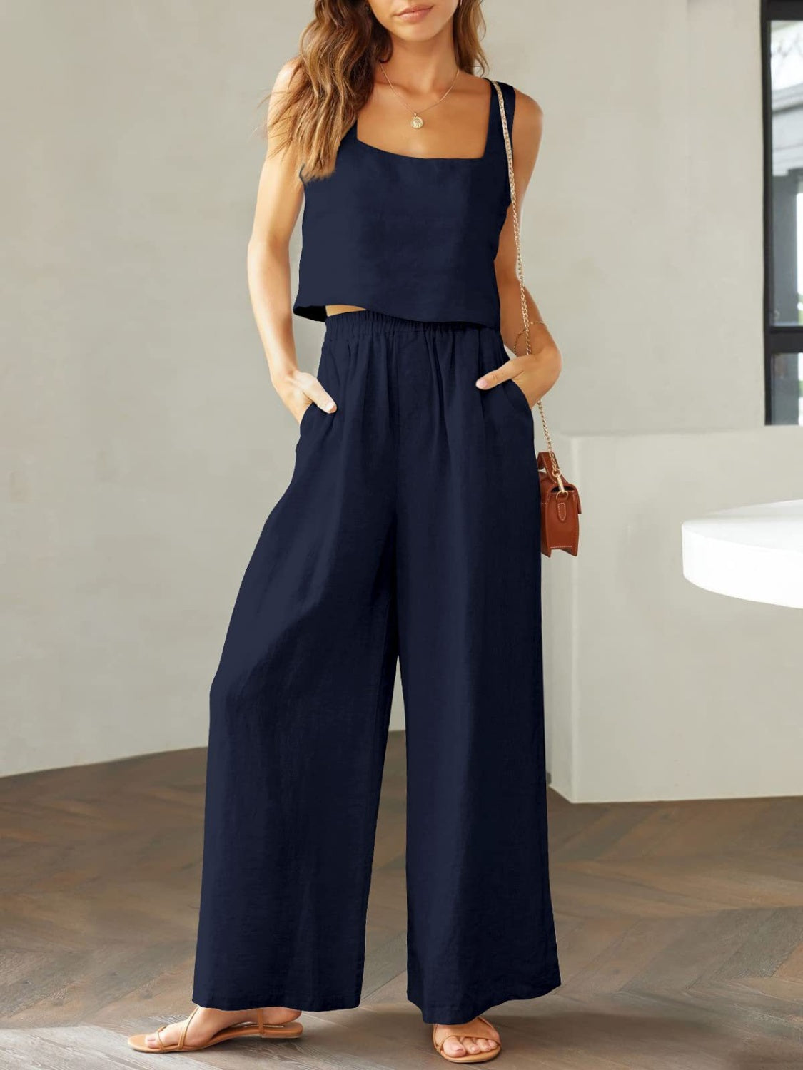 Women's square neck top and wide leg pants set