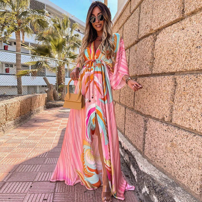 Women’s Maxi Dress – V-Neck Button Down – Abstract Print – Belted Waist – Breathable Blend