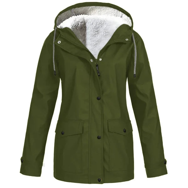 Women's Hooded Raincoat - Waterproof - Faux Fur Lined - Adjustable Cuffs - Zip Closure