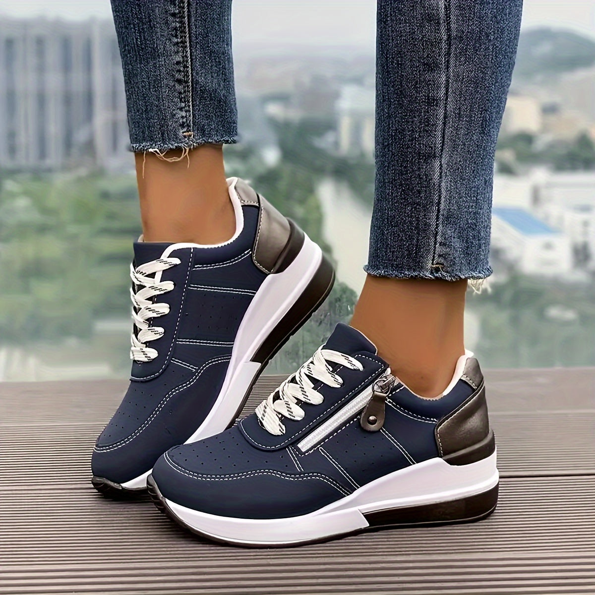 Women's Low-Top Sneakers - Lace-Up - Perforated Design - Cushioned Rubber Sole