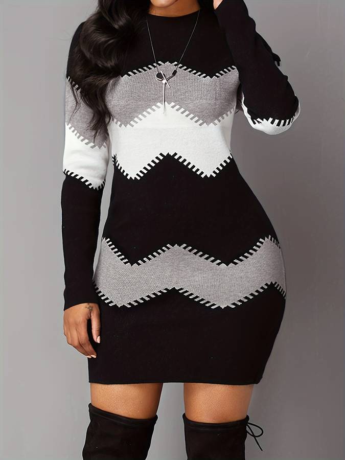Women's Bodycon Mini Dress - Long Sleeve - Stretch Fabric - Zigzag Pattern