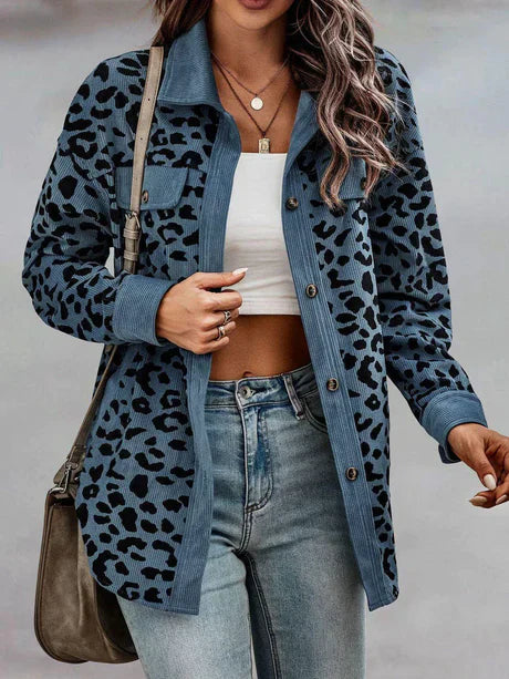 Women’s Shacket – Relaxed Fit Corduroy – Button-Up Long Sleeve – Animal Print