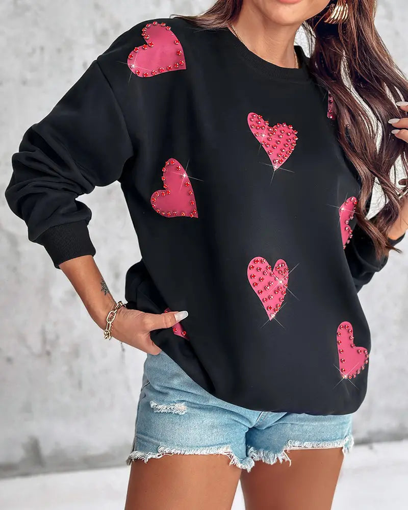 Women's stylish long sleeve sweatshirt with heart print