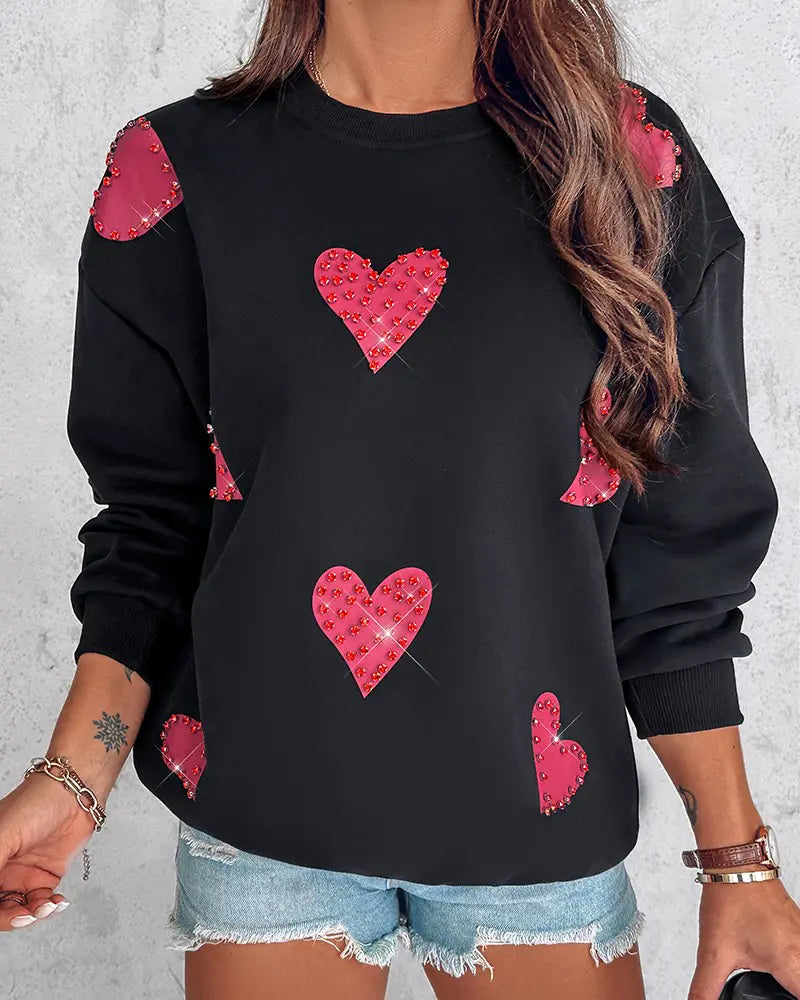 Women's stylish long sleeve sweatshirt with heart print