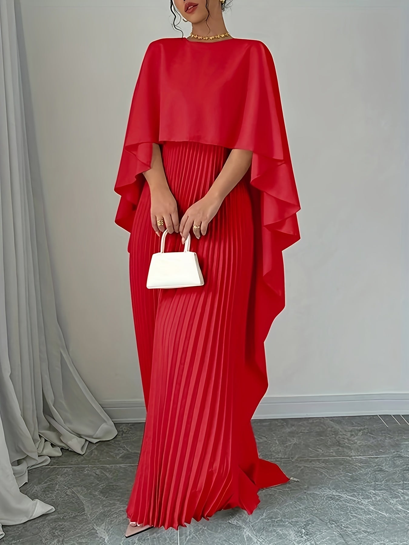 Elegant Pleated Maxi Cape Dress