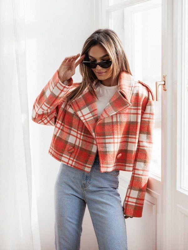 Women's British suit collar plaid print woolen coat