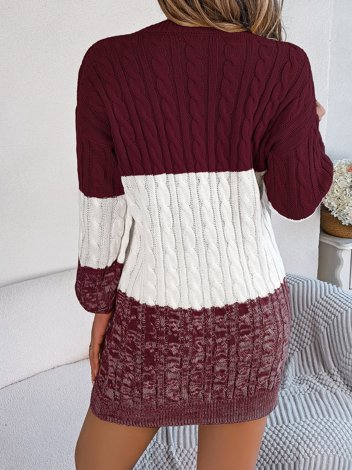 Cable Knit Color Block Relaxed Sweater Dress
