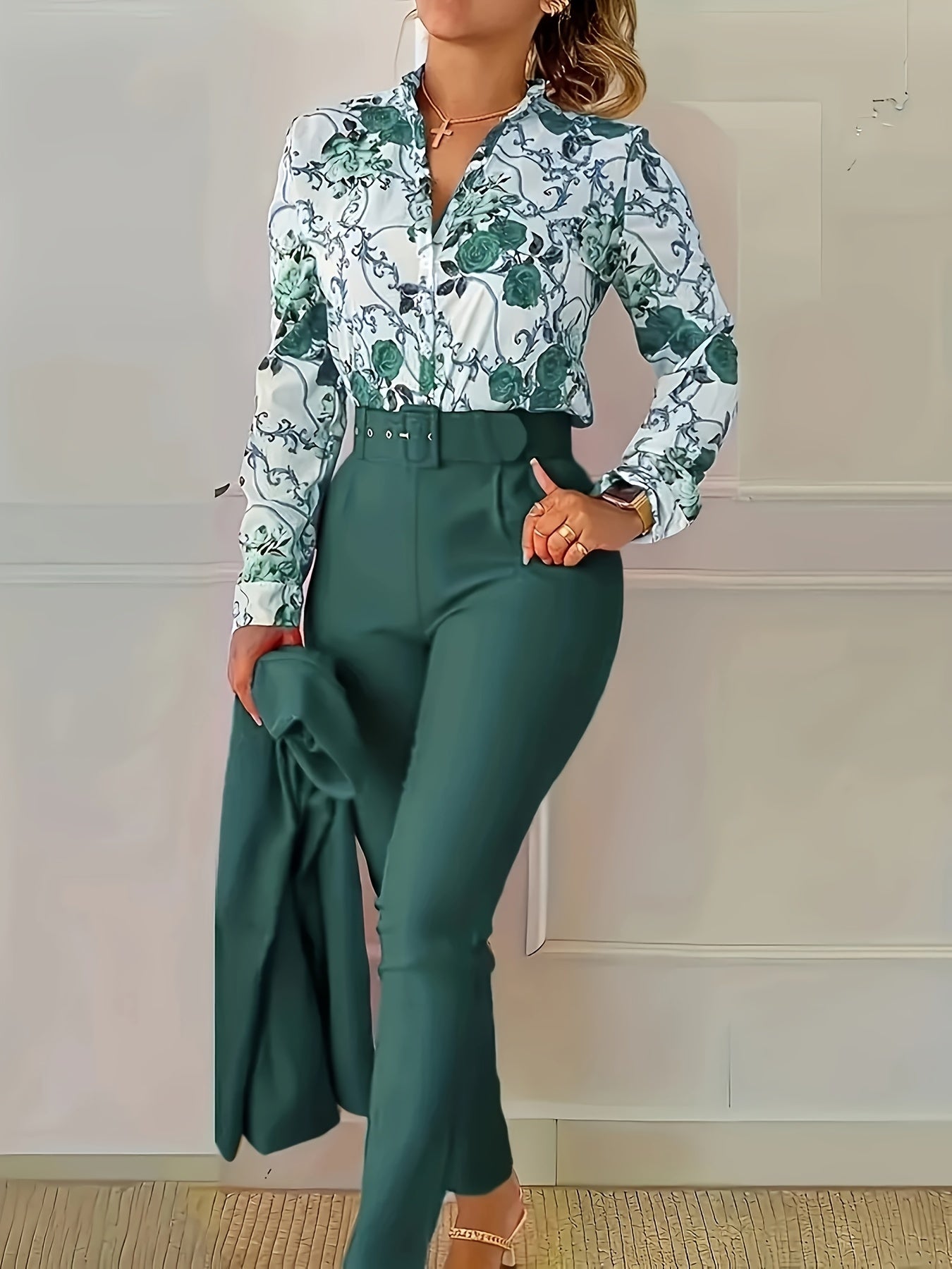 Floral printed long-sleeve shirt and high-waist pants set for women