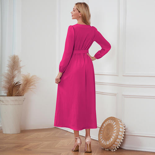Women's Maxi Dress - V-Neck Button Front - Long Sleeve Tie Waist Flowy Fit