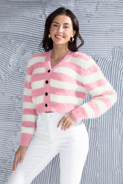 Women's striped cropped button-up cardigan