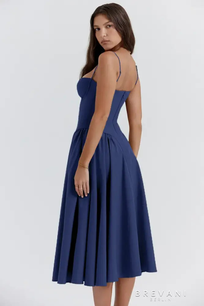 Women's Midi Dress - A-Line Silhouette - Square Neck - Spaghetti Straps - Fitted Waist