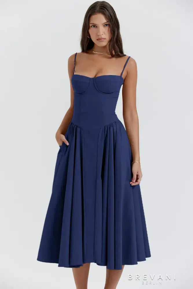 Women's Midi Dress - A-Line Silhouette - Square Neck - Spaghetti Straps - Fitted Waist