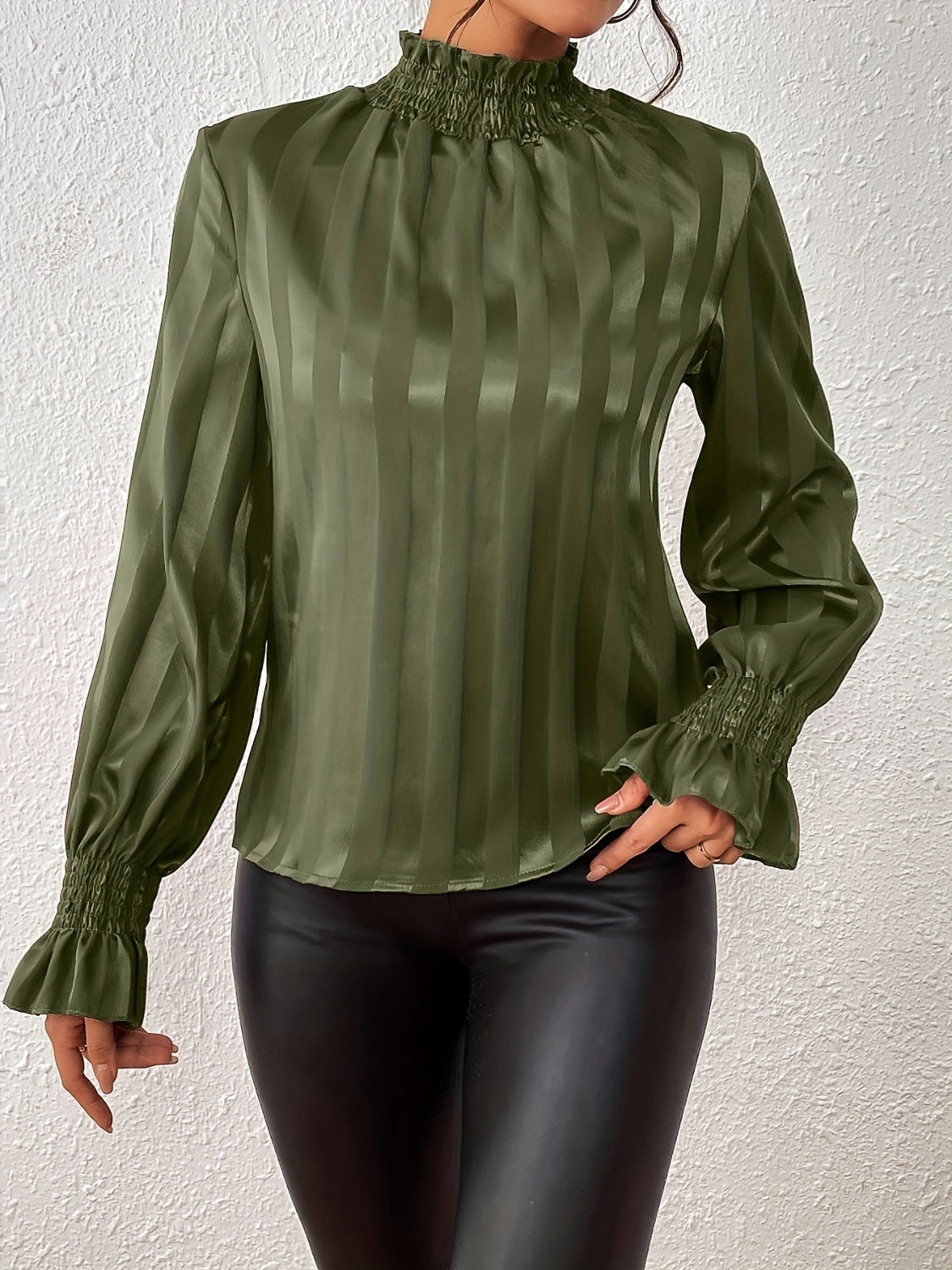 Women's Blouse - High Smocked Neck - Long Sleeve Ruffle Cuffs - Glossy Finish
