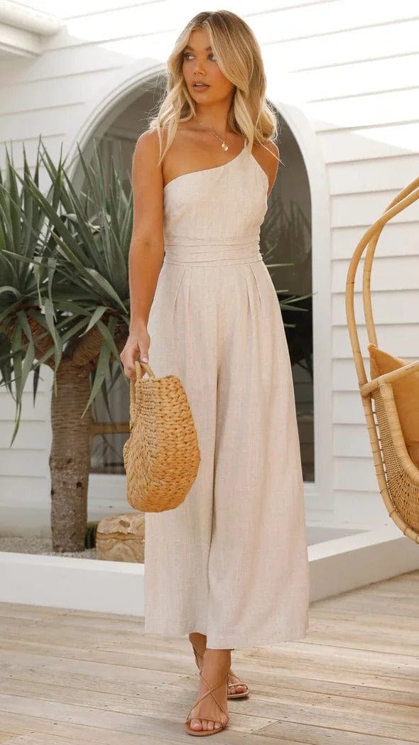 Women's One-Shoulder Jumpsuit - Fitted Bodice - Wide-Leg Elegant Casual Wear