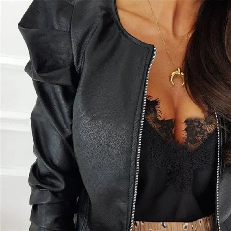 Elegant short round neck jacket in leather look for women with zip closure