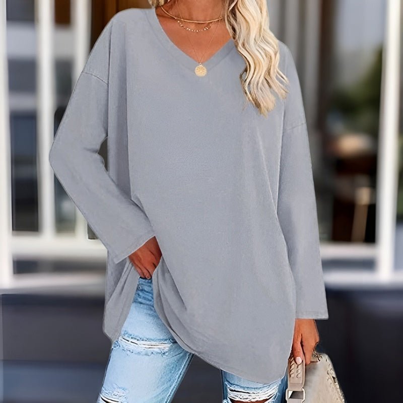 V-neck loose-fit long-sleeve casual top for women