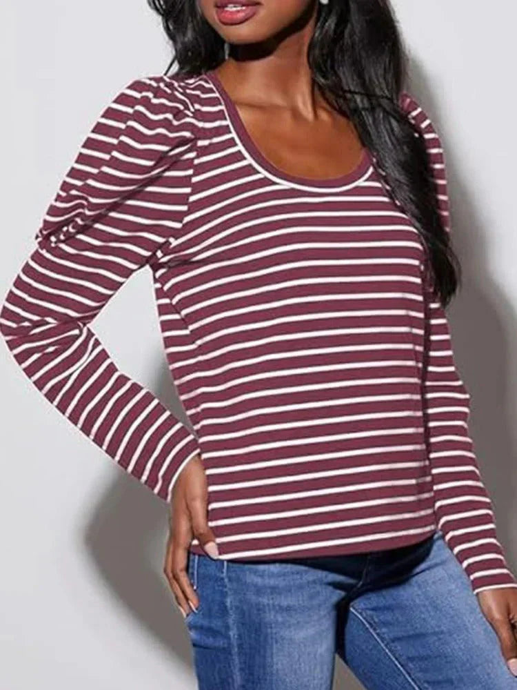Women's Long-Sleeve Top - Striped Pattern - Scoop Neck - Puff Shoulder - Relaxed Fit