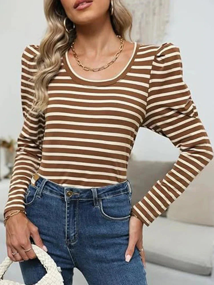 Women's Long-Sleeve Top - Striped Pattern - Scoop Neck - Puff Shoulder - Relaxed Fit
