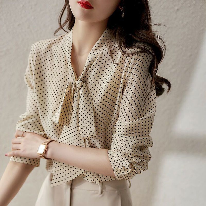 Polka Dot - Long Sleeve - Bow Tie Neck Blouse