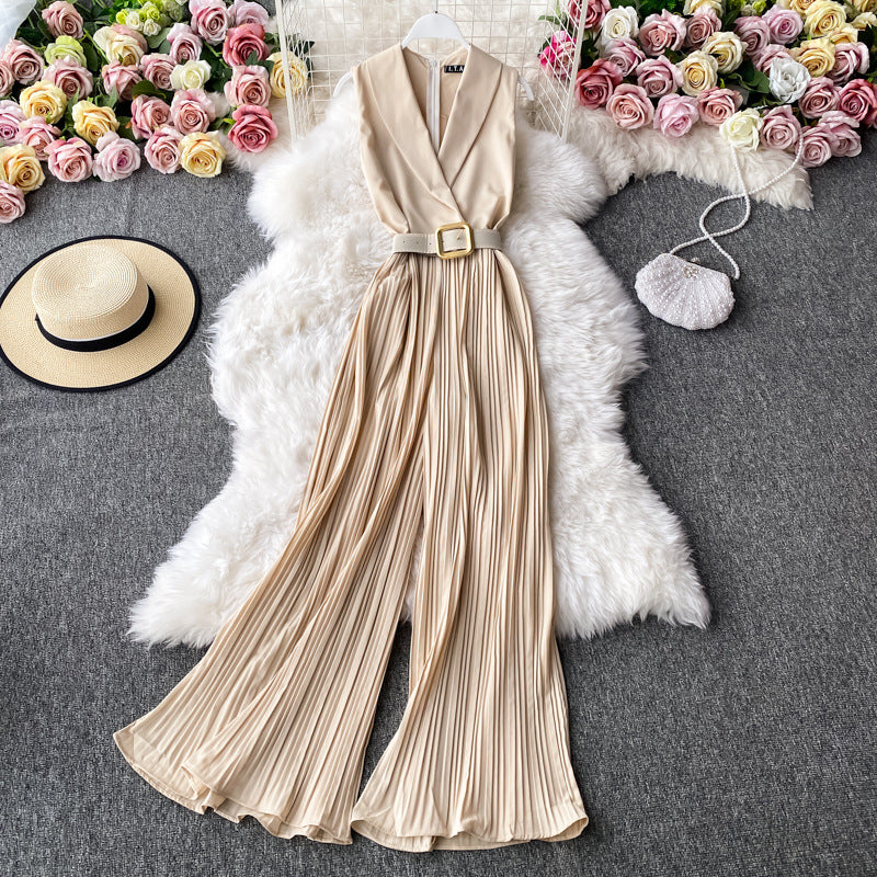 Women's Sleeveless Jumpsuit - Deep V-Neck - Pleated Wide-Leg - Belted Waist Elegant Fit