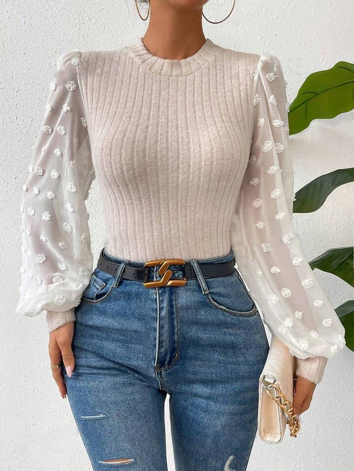 Women's Ribbed Knit Top - Sheer Long Sleeves - Elegant Textured Detailing