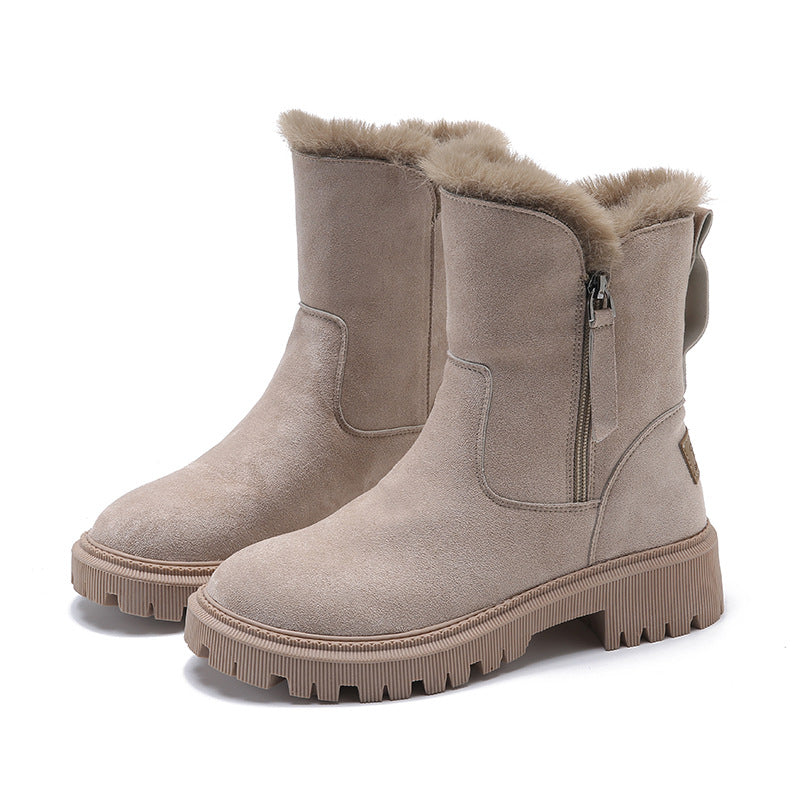 Women’s Mid-Calf Boots – Suede Upper – Faux Fur Lined – Chunky Treaded Sole – Side Zip