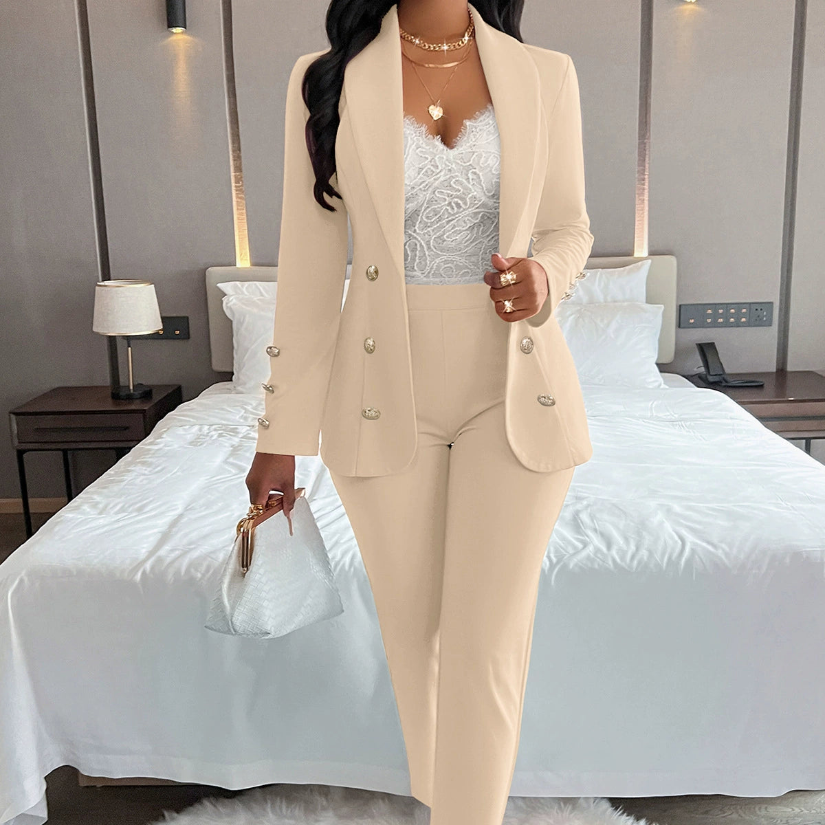 Women’s Pantsuit - Tailored Fit Blazer with Metal Buttons - High-Waisted Straight-Leg Trousers
