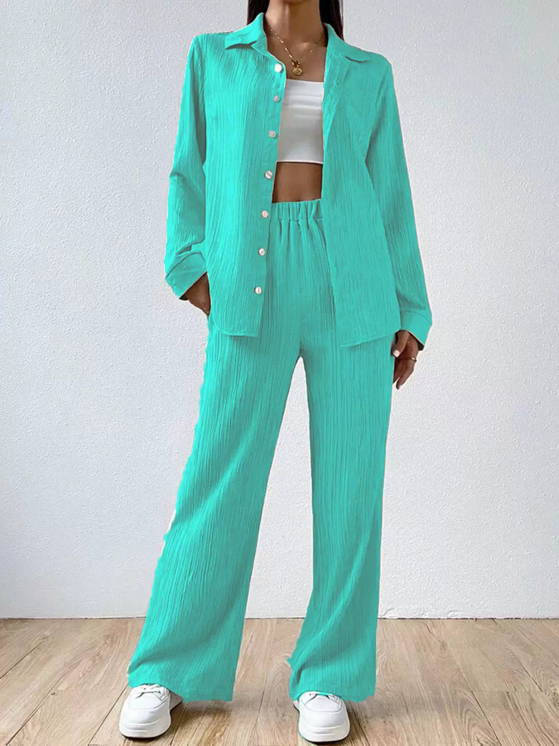 Women's casual two-piece suit set with wide-leg pants