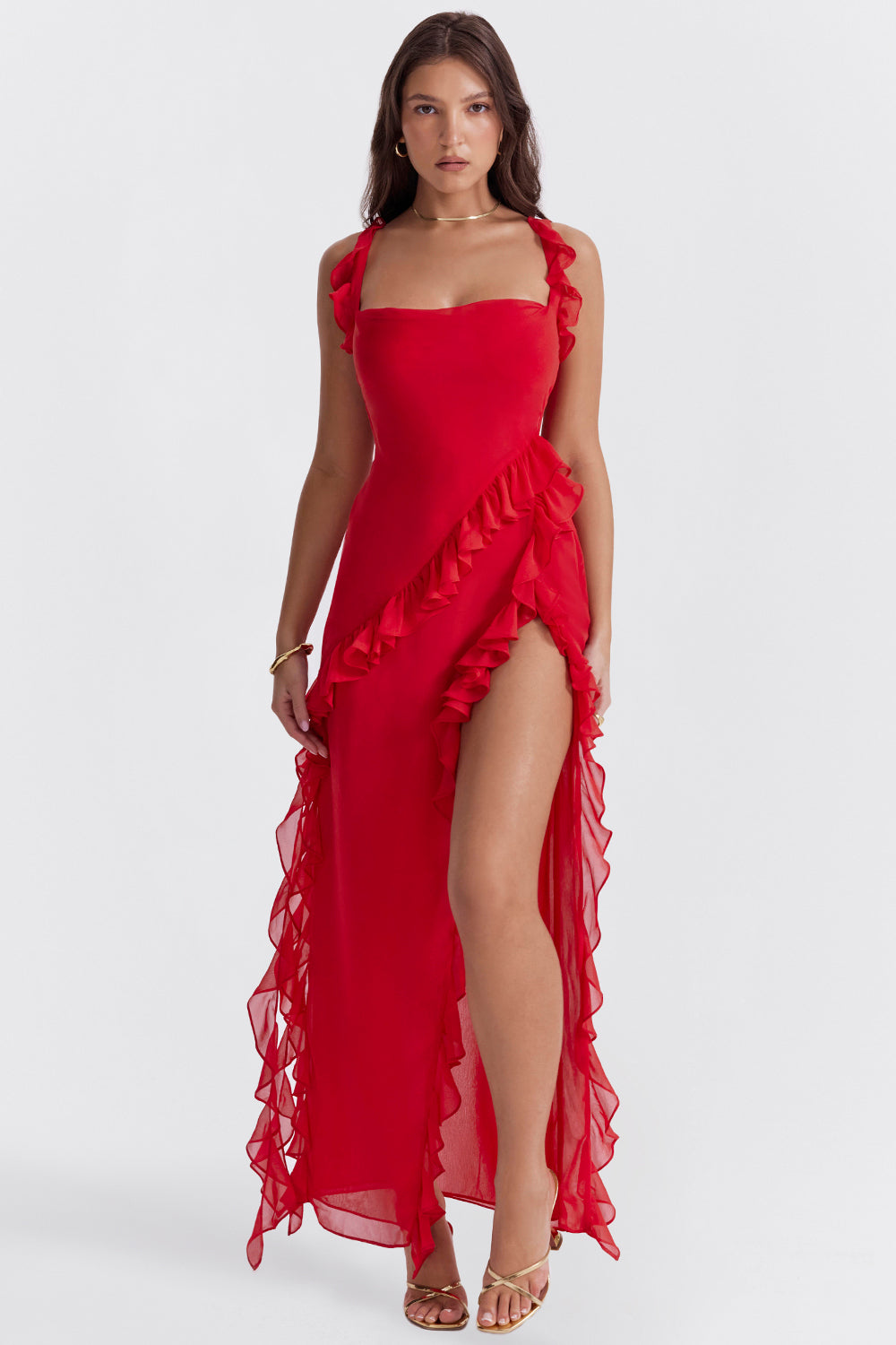 Women’s Formal Dress – Elegant Fit – Ruffle Detail – High Slit – Adjustable Straps