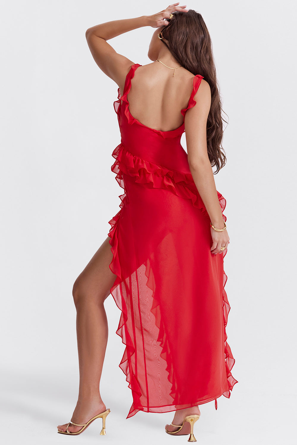 Women’s Formal Dress – Elegant Fit – Ruffle Detail – High Slit – Adjustable Straps