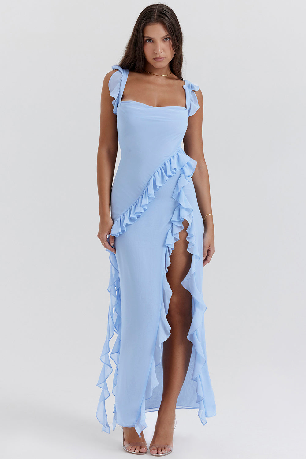 Women’s Formal Dress – Elegant Fit – Ruffle Detail – High Slit – Adjustable Straps