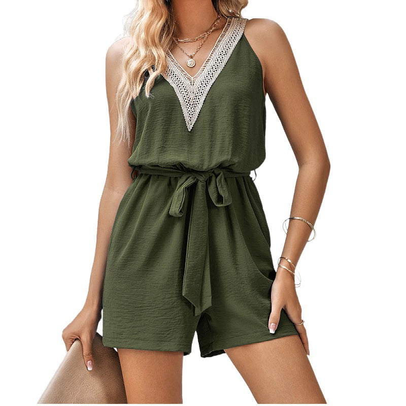 Women's Wrap Romper - Sleeveless V-Neck - Belted Waist - Lightweight Casual Outfit