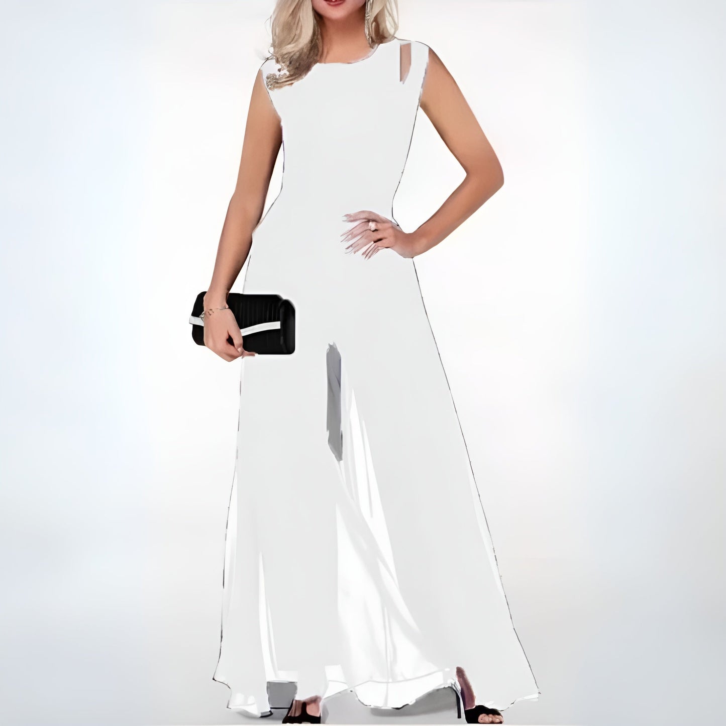 Women's Evening Gown - Sleeveless Cut-Out Shoulder - Floor-Length Flowing Design