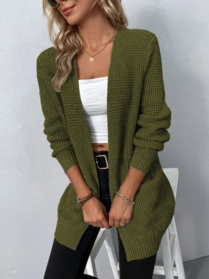Women’s Cardigan – Relaxed Fit – Chunky Knit Wool Blend – V-Neck – Thigh Length – Pockets